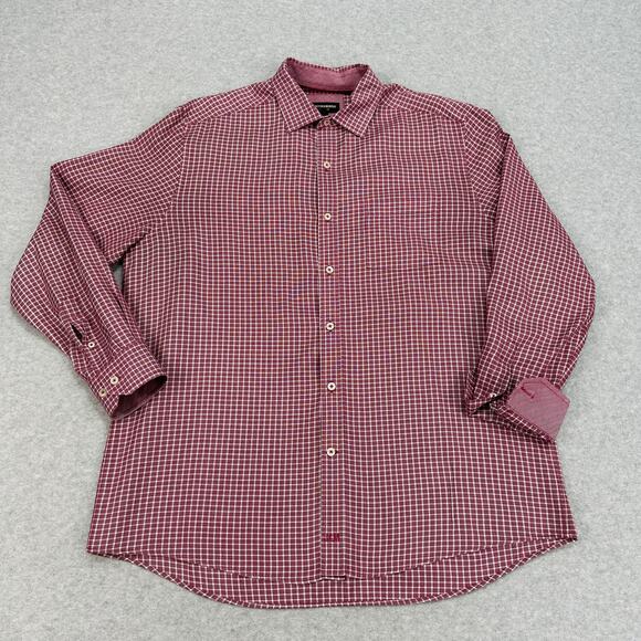 Johnston & Murphy Shirt Mens L Burgundy White Checkered Herringbone Long Sleeve - Picture 1 of 8